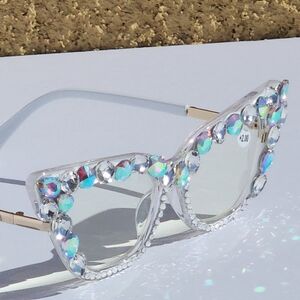 Women's Bling Cat Eye Readers Colorful Rhinestones AB Reading Glasses White+2.00